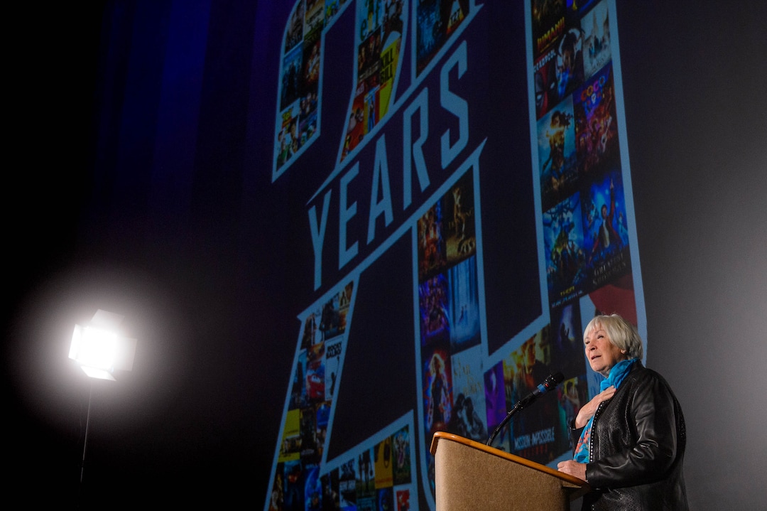 (Trent Nelson  |  The Salt Lake Tribune)Gail Miller speaks as Megaplex Theatres celebrates its 20th anniversary at an event at The District location in South Jordan on Thursday Nov. 14, 2019.