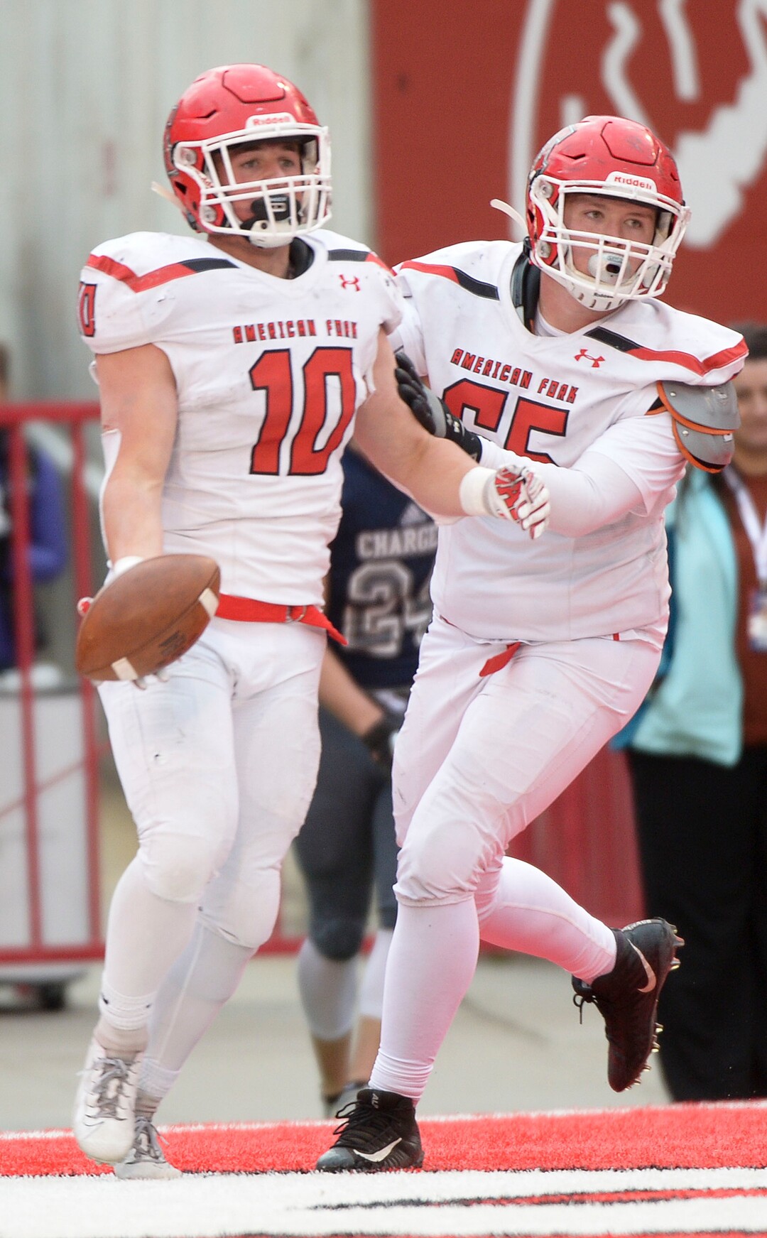 (Leah Hogsten  |  The Salt Lake Tribune)  American ForkÕs Jaxon Gregory scores a touchdown. Corner Canyon High School takes on American Fork High School during the 6A State Championship football title, Nov. 22, 2019 at Rice-Eccles Stadium.