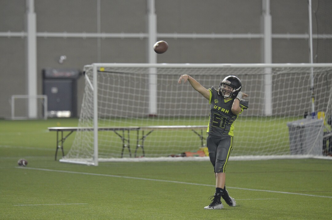 (Alex Vejar | The Salt Lake Tribune)  West Jordan sophomore Laura Goetz throws a pass during a practice of the Utah Girls’ Tackle Football League on Wednesday, Jan. 22, 2020, at the Zions Bank Training Center in Herriman.