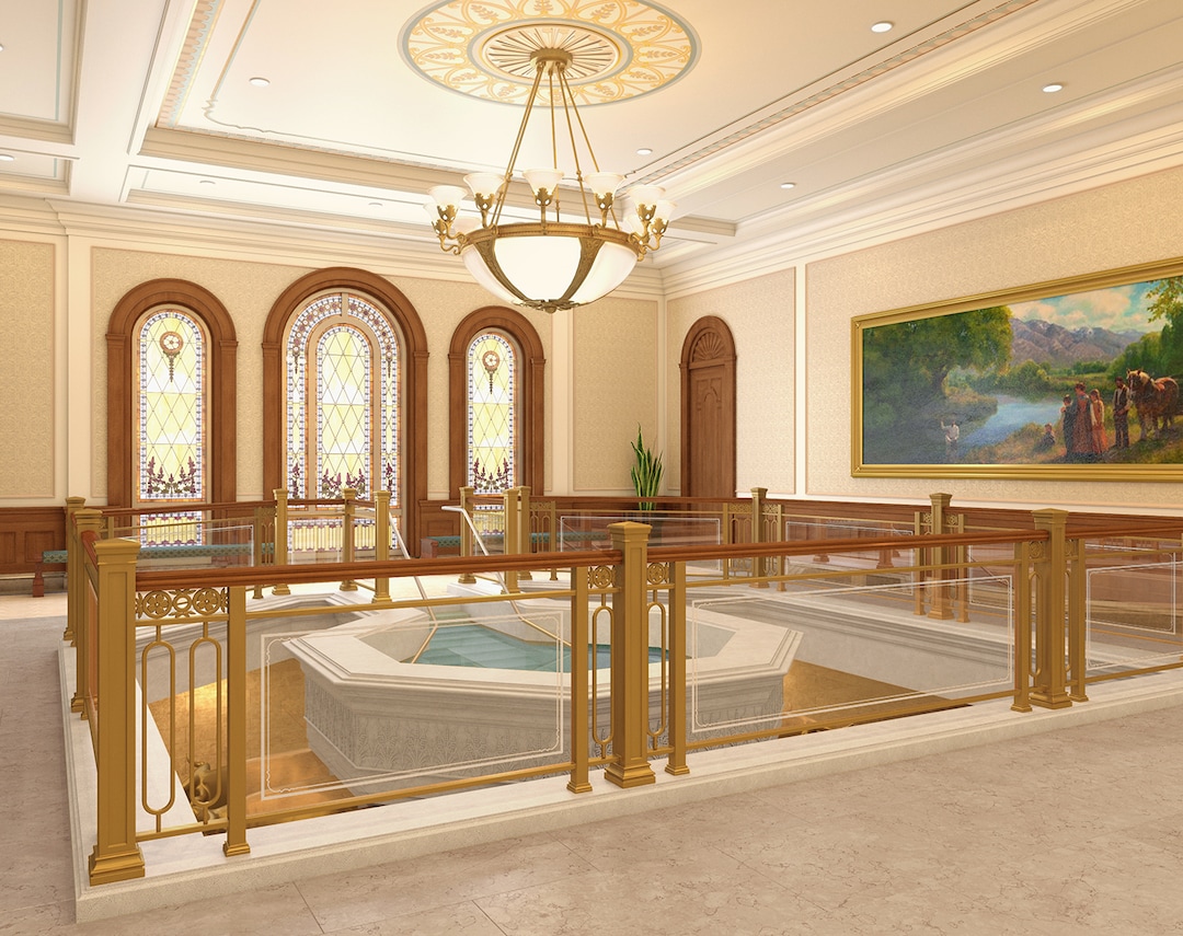 (Image courtesy of The Church of Jesus Christ of Latter-day Saints)  An artist's rendering of the baptistry in The Church of Jesus Christ of Latter-day Saints' to-be-constructed Tooele Valley Utah Temple.