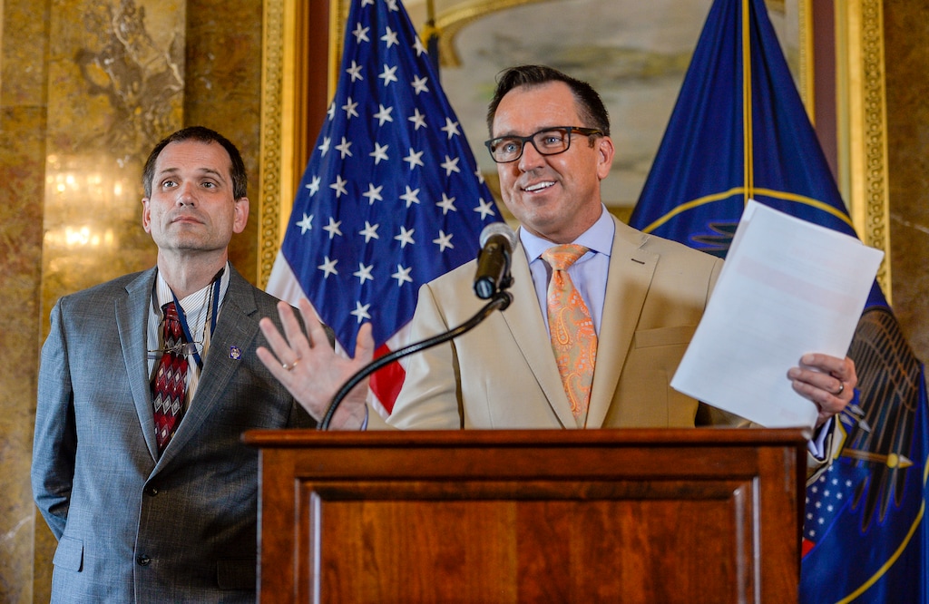 (Leah Hogsten  |  The Salt Lake Tribune)   House Speaker Greg Hughes, R-Draper,  unveiled several school safety and gun violence prevention recommendations the commission is considering to improve campus safety, Wednesday, June 20, 2018 during a press conference at the Utah Capitol.