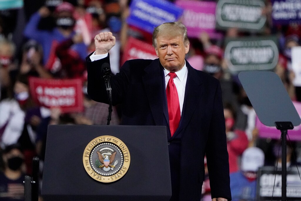 (Chris Carlson | The Associated Press) President Donald Trump wraps up his speech at a campaign rally at Fayetteville Regional Airport, Saturday, Sept. 19, 2020, in Fayetteville, N.C.