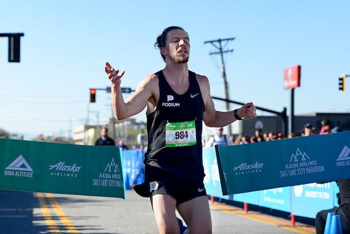 (Scott Sommerdorf | The Salt Lake Tribune)Travis Fuller of Provo, won the Salt Lake City marathon with a time of 2:27:53.03, Saturday, April 21, 2018.