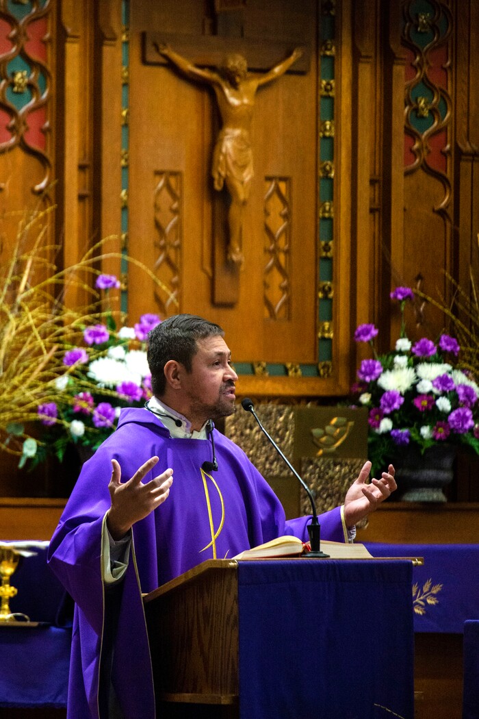 (Rick Egan  |  The Salt Lake Tribune)   The Rev. Jose Fidel Barrera-Cruz conducts Ash Wednesday Mass at Our Lady of Guadalupe Church in Salt Lake City on Wednesday, March 6, 2019.