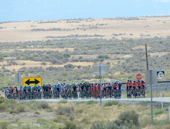 Al Hartmann | The Salt Lake Tribune
Peleton in the 4th stage of the Tour of Utah turns into Rush Valley, the halfway point in the race. Nothing but sagebrush and heat. Stage 4 started in South Jordan went west into the west desert and finished back in South Jordan 123 miles later.