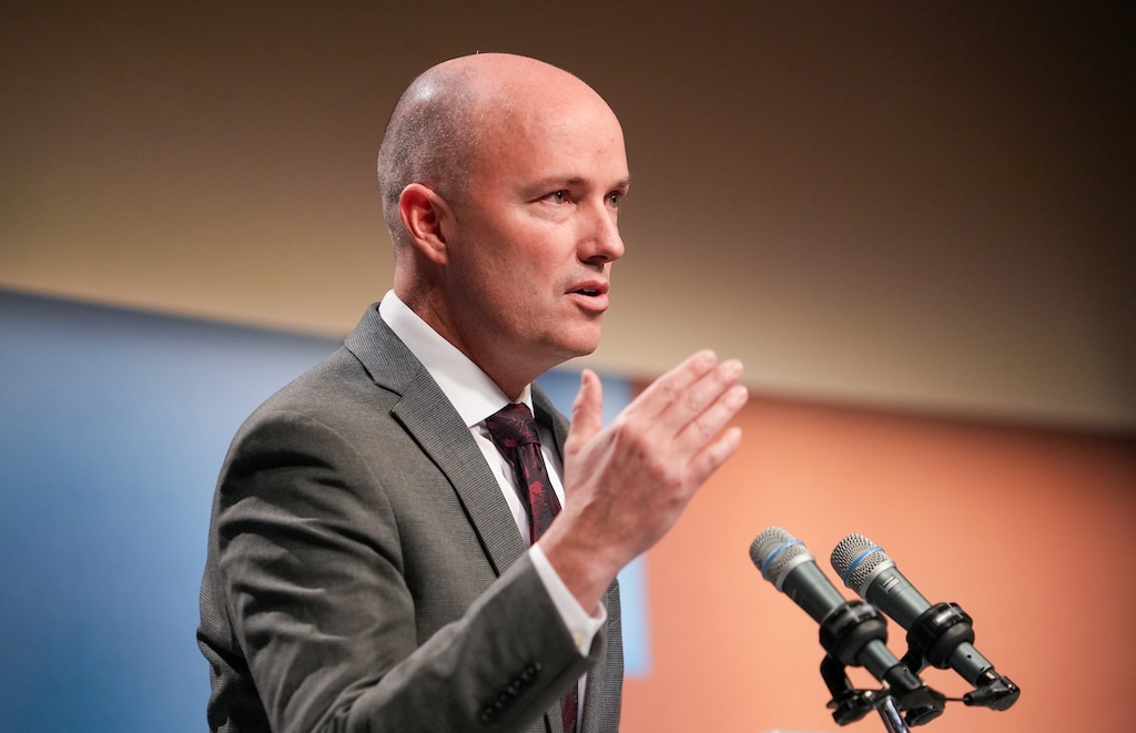 (Chris Samuels | The Salt Lake Tribune) Gov. Spencer Cox speaks with reporters during a news conference in Salt Lake City on Thursday, Dec. 19, 2024. Cox signed SB334 on Monday, March 24, 2025; the bill overhauls required general education coursework, starting at Utah State University.