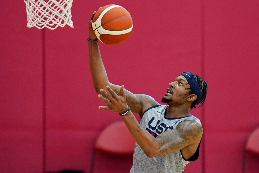 (John Locher | AP) Bradley Beal shoots during practice for USA Basketball, Tuesday, July 6, 2021, in Las Vegas. Beal will miss the Olympics in Tokyo for health and safety reasons.