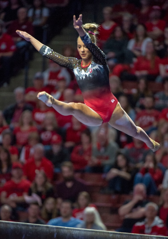 (Rick Egan  |  The Salt Lake Tribune)    MyKayla Skinner competes on the balance beam for Utah, in the PAC-12 Gymnastics Championships at the Maverik Center, Saturday, March 23, 2019.


