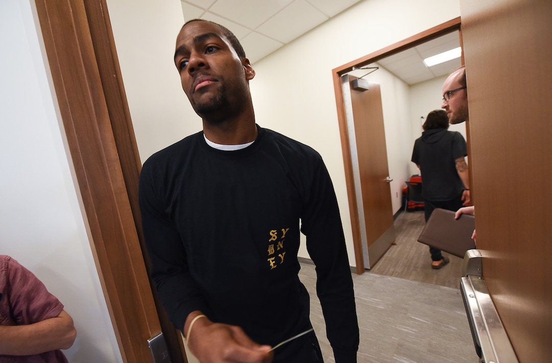 (Francisco Kjolseth  |  The Salt Lake Tribune)  Utah Jazz      guard Alec Burks gets ready to take questions the media as he tries to get him to move along during exit interviews at their practice facility in Salt Lake City Wed., May 8, 2018, after losing to the Houston Rockets in game 5 of their Western Conference Semifinals during the 2018 NBA Playoffs.