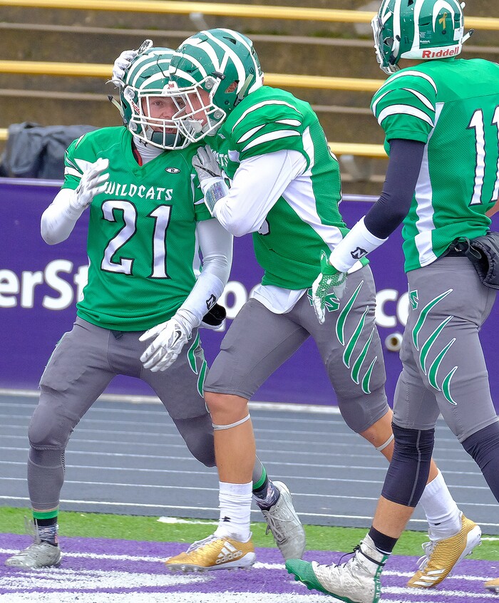 (Leah Hogsten  |  The Salt Lake Tribune) South Summit's Cole Reidhead and his teammates celebrate his touchdown.  South Summit High School boys' football team leads Grand County High School 34-3 during their class 2A state semifinal football game Saturday, November 4, 2017 at Weber State University's Stewart Stadium.