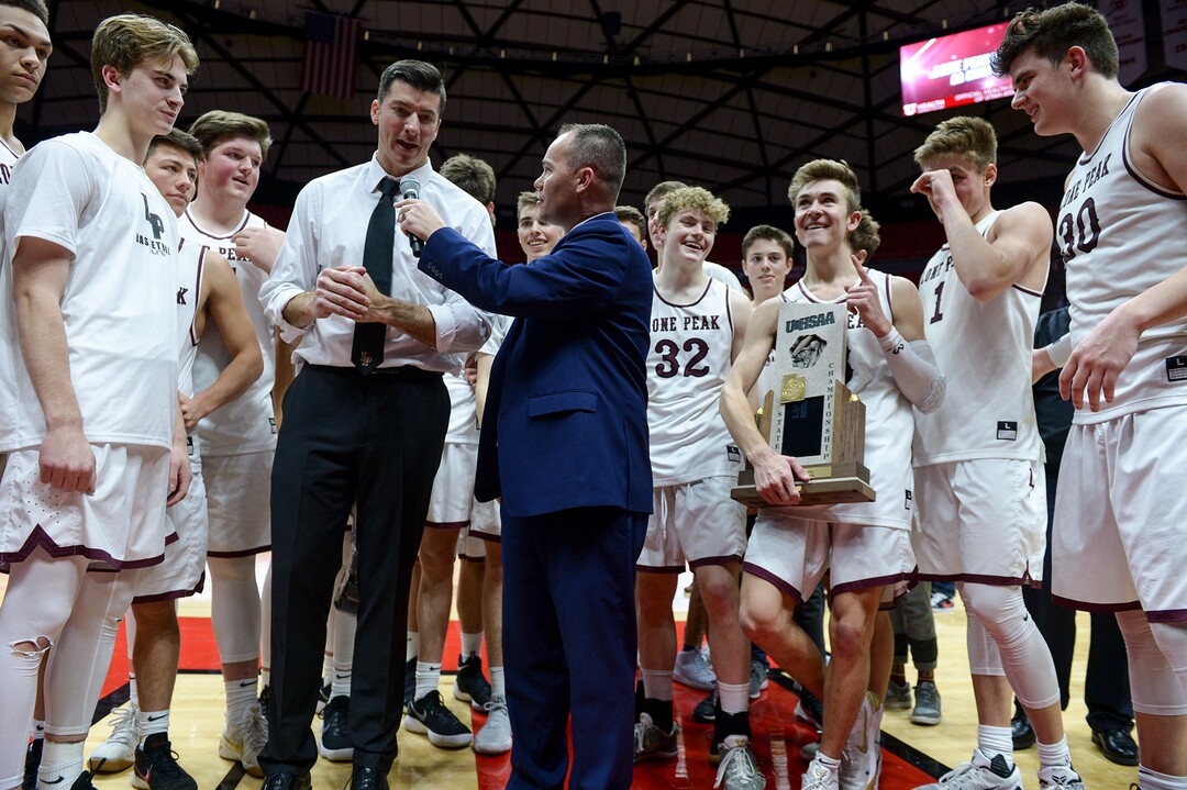 (Leah Hogsten  |  The Salt Lake Tribune) Lone Peak celebrates the win. Lone Peak defeated Pleasant Grove 61-44 to win the 6A High School BoysÕ Basketball Tournament Championship at the Jon M. Huntsman Center in Salt Lake City, Saturday, March 3, 2018. 