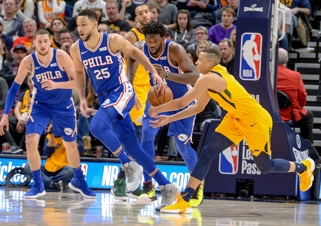 Leah Hogsten  |  The Salt Lake Tribune  Utah Jazz guard Dante Exum (11) with the steal from Philadelphia 76ers guard Ben Simmons (25). The Philadelphia 76ers defeated the Utah Jazz 114- 97 at Vivint Smart Home Arena, Thursday, December 27, 2018. 