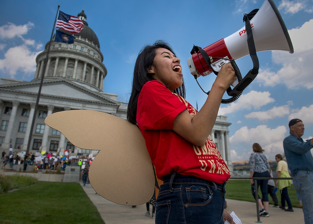 (Leah Hogsten | The Salt Lake Tribune) Immigration activist Ciriac Alvarez, who gained temporary legal status through the Deferred Action for Childhood Arrivals program, participates in a march for "Dreamers" in Sep. 2017.