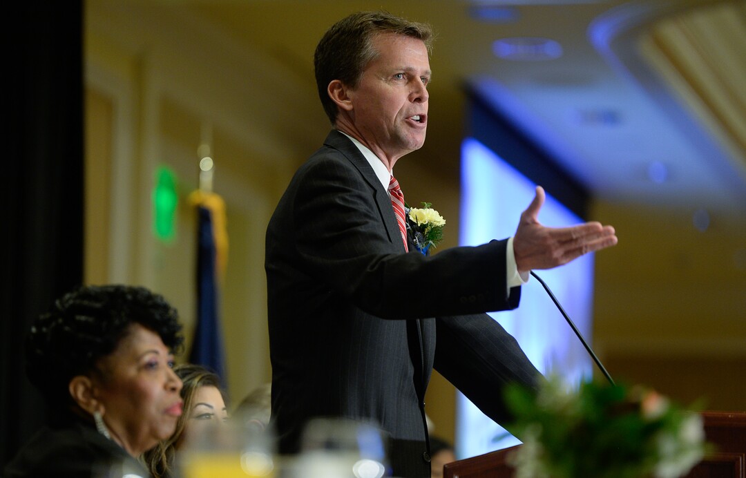 (Francisco Kjolseth  |  The Salt Lake Tribune) David Huntsman of the Huntsman Foundation makes a few remarks after receiving the Dr. Martin Luther King Jr. Civil Rights Award, during the Dr. Martin Luther King Jr. Memorial Luncheon at Little America Hotel on Monday, Jan. 20, 2020.