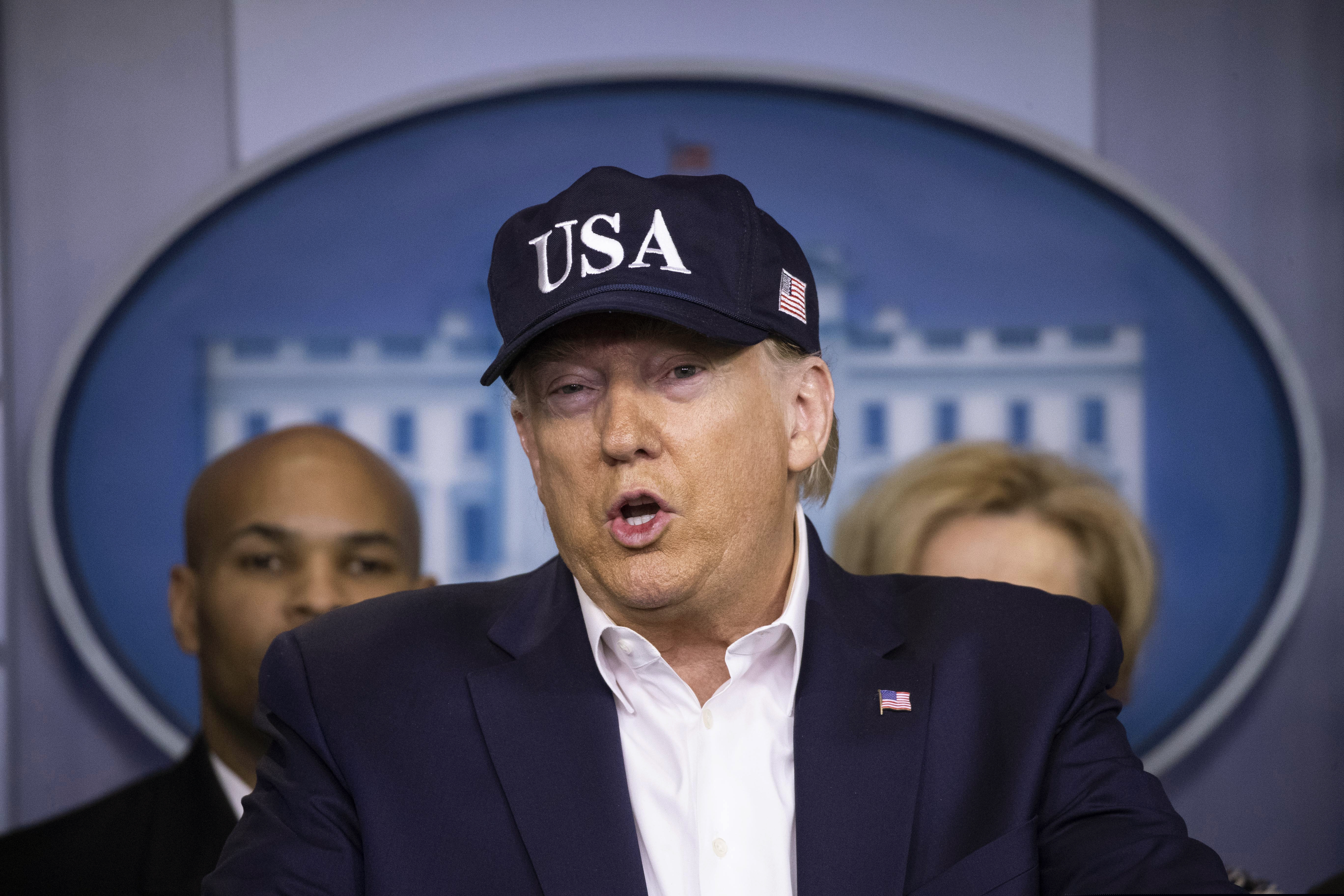 Alex Brandon | AP photo)
President Donald Trump speaks during a news conference about the coronavirus in the James Brady Briefing Room at the White House, Saturday, March 14, 2020, in Washington.