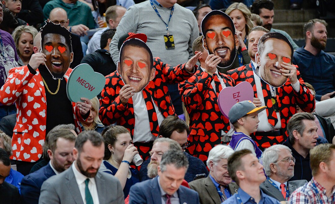 (Francisco Kjolseth  |  The Salt Lake Tribune) Jazz fans show their spirit for Valentine's Day as the Utah Jazz host the Miami Heat in their NBA basketball game at Vivint Smart Home Arena in Salt Lake City on Wednesday, Feb. 12, 2020.