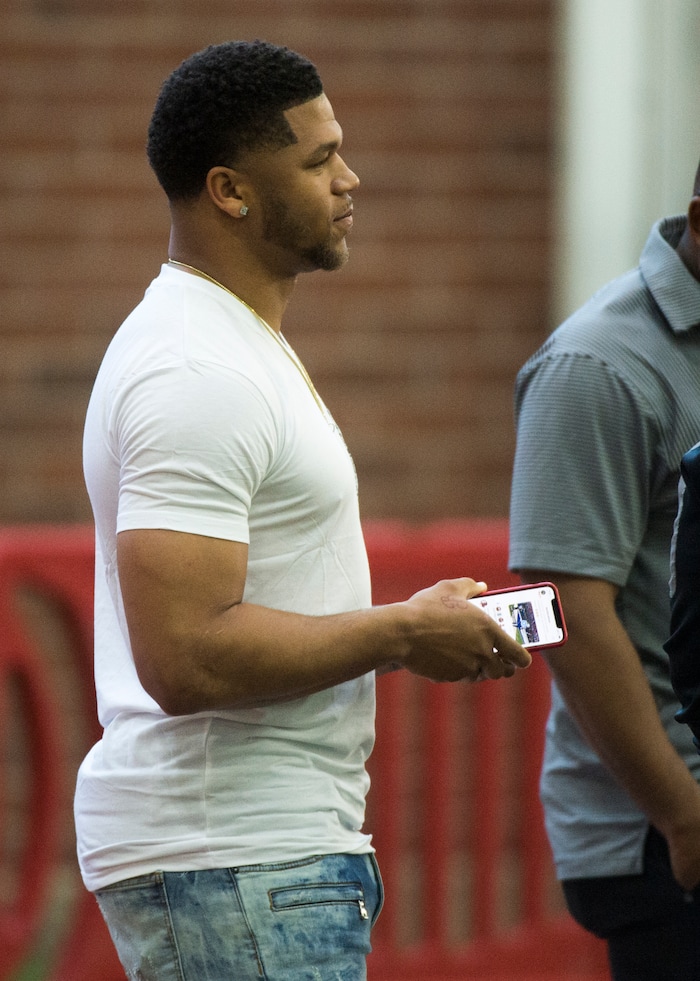 (Rick Egan  |  The Salt Lake Tribune)       Former Ute running back, Devontae Boker, watches his former teammates, during University of Utah's 2018 Pro Day for NFL scouts, at Spence Eccles Field House, Wednesday, March 28, 2018.