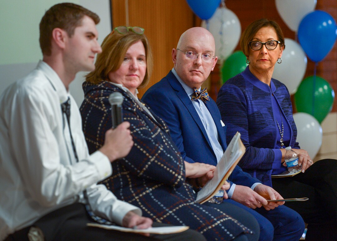 (Leah Hogsten  |  The Salt Lake Tribune) l-r Granite Park Junior High School Principal Aaron Wilson talks about food insecurity among students at his school Tuesday, March 13, 2018. as he and other panelists paint a picture of needs in their community. Smiths Food & Drug is helping to open a food pantry at David Gourley Elementary School in Kearns, where 80 percent of the 646 students qualify for free or reduced lunches. 
