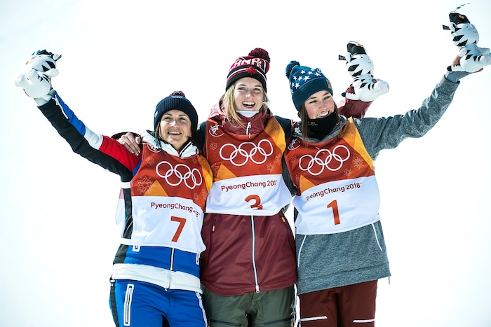 (Chris Detrick  |  The Salt Lake Tribune)  Marie Martinod of France Cassie Sharpe of Canada and Brita Sigourney of the United States celebrate after the Ladies' Ski Halfpipe Final Run at Phoenix Park during the Pyeongchang 2018 Winter Olympics Tuesday, Feb. 20, 2018. 