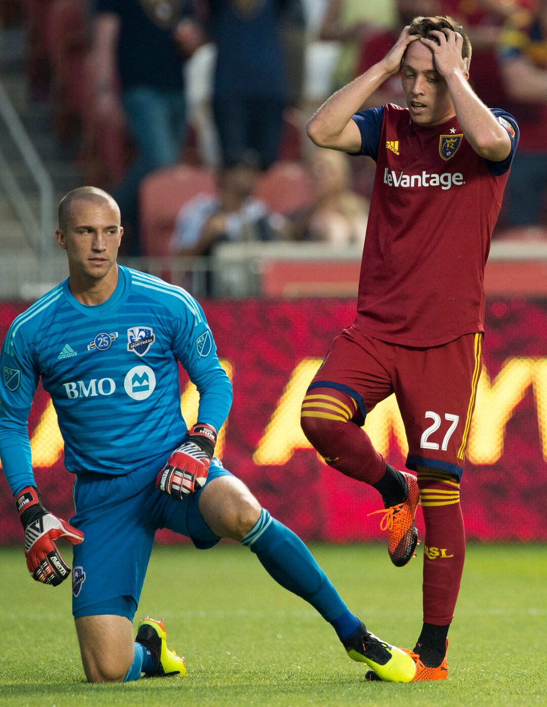 (Rick Egan  |  The Salt Lake Tribune)     Real Salt Lake forward Corey Baird (27) reacts after narrowly missing a goal, as Montreal Impact goalkeeper Evan Bush (1) looks on, in MLS action between Real Salt Lake and Montreal Impact, at Rio Tinto Stadium in Sandy, Saturday, Aug. 11, 2018.