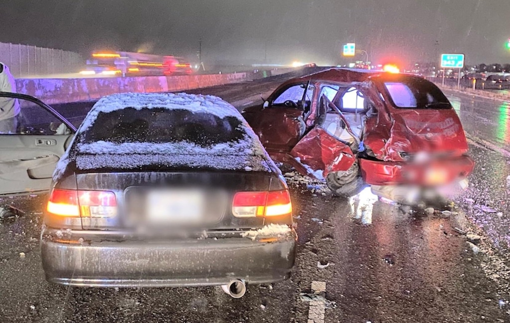 (Utah Highway Patrol) A 3-year-old Utah girl was killed when the car she was riding in, seen here on the right, was involved in a multi-vehicle collision on I-15.