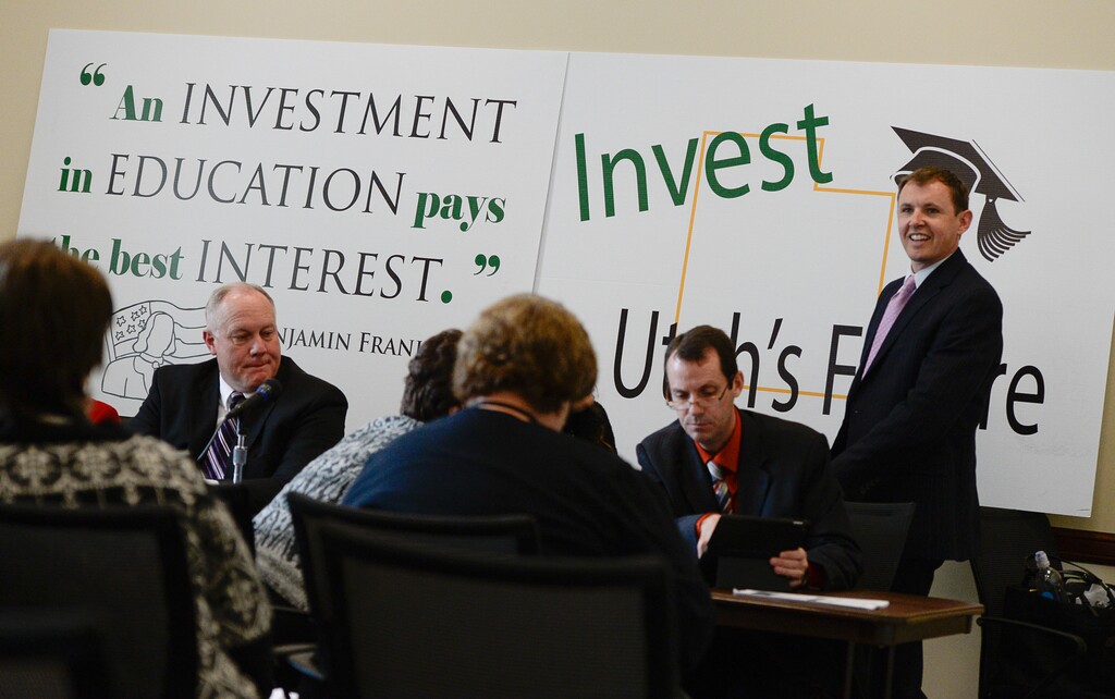 Francisco Kjolseth | The Salt Lake Tribune
Groups representing Utah teachers, parents, administrators and school boards gather at the Utah Capitol in 2015.