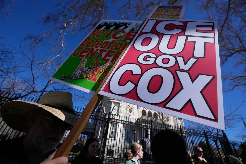 (Francisco Kjolseth | The Salt Lake Tribune) Marv Poulson joins others gathered outside the Governor’s Mansion in Salt Lake City in response to the recent purchase of a warehouse by ICE on Tuesday, March 17, 2026.