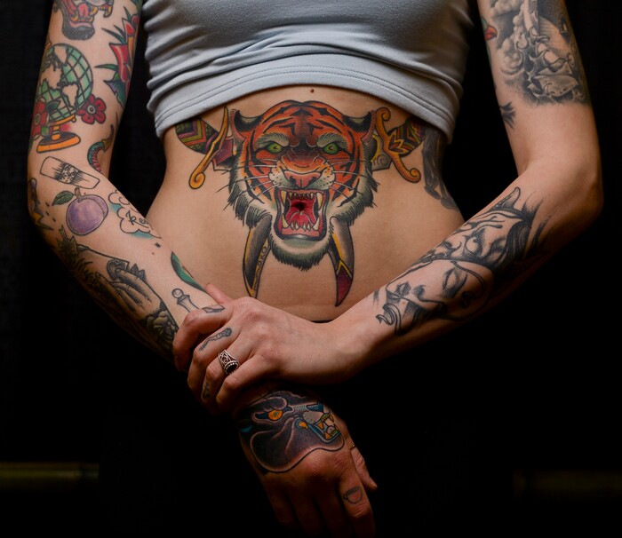 (Leah Hogsten | The Salt Lake Tribune) Kim Wright of Denver, CO attends this year's Salt Lake City International Tattoo Convention, Saturday, March 17, 2018 to see the work of artists whose work in the traditional style she admires.