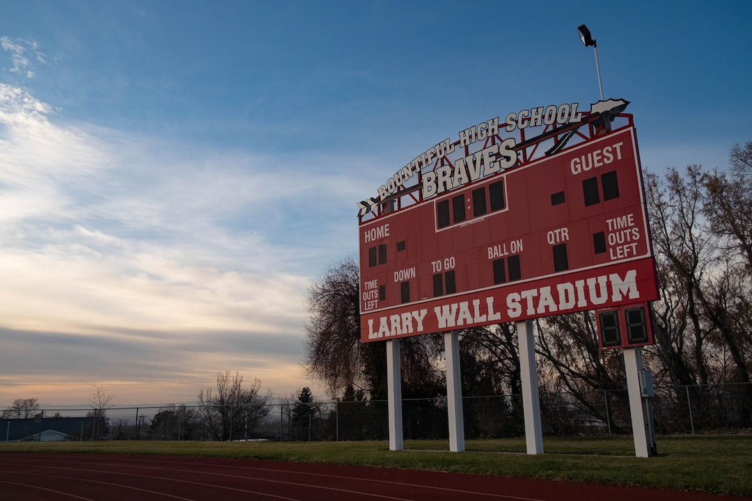 (Francisco Kjolseth  |  The Salt Lake Tribune) Current naming is pictured around Bountiful High on Monday, Nov. 30, 2020 after the school announced it would to retire The Braves name.