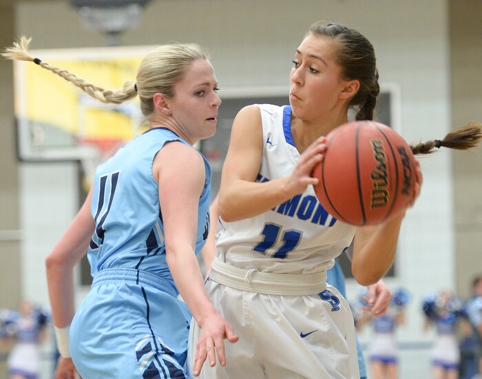 (Leah Hogsten  |  The Salt Lake Tribune) Fremont's Karlie Valdez (11) is pressured by Westlake's Kamryn Lungren (11).  Fremont faces Westlake in their semifinal game of the 6A High School Girls' Basketball Tournament at SLCC in Taylorsville, Friday, Feb. 23, 2018. 