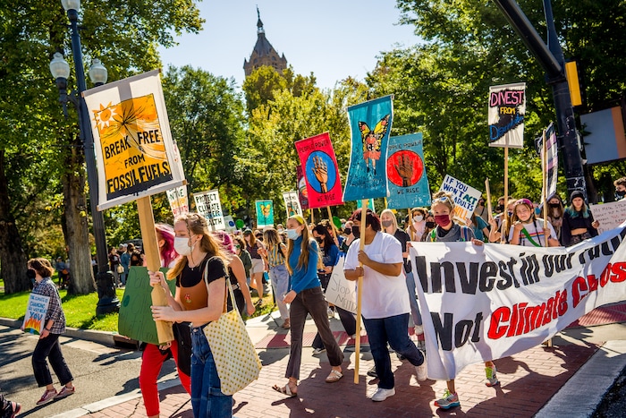 (Trent Nelson | The Salt Lake Tribune) Youth march to the State Capitol in Salt Lake City for Future Utah’s climate strike on Friday, Sept. 24, 2021..