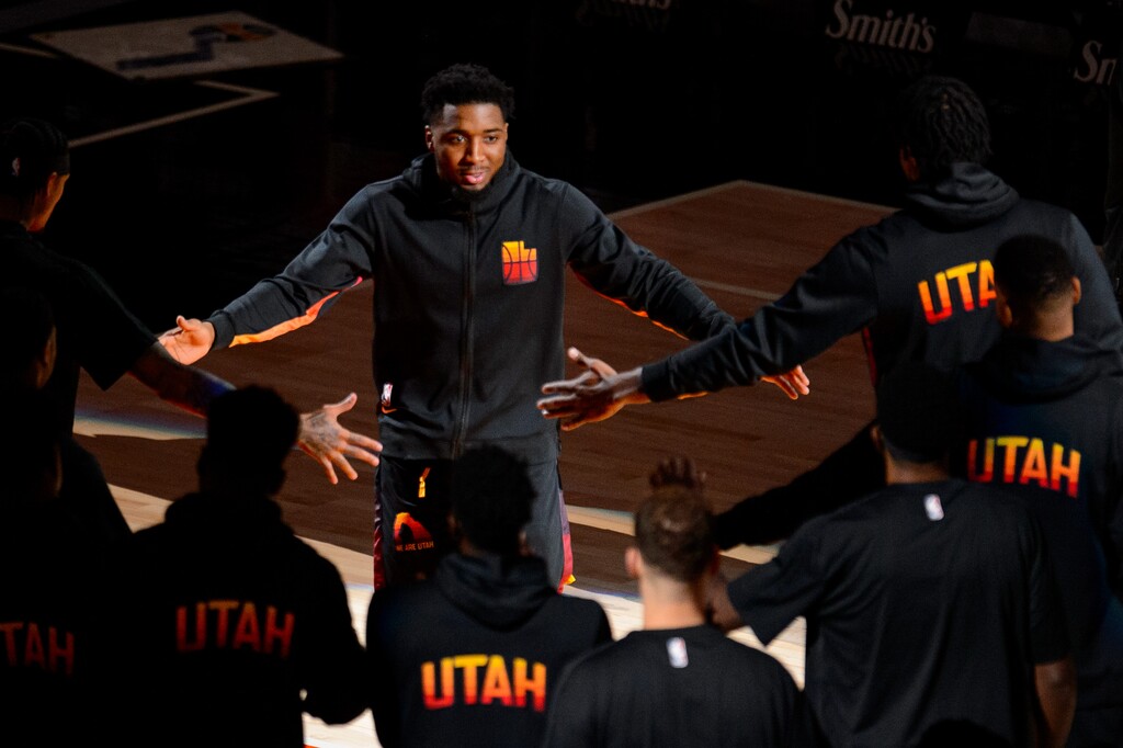 (Trent Nelson  |  The Salt Lake Tribune) Utah Jazz guard Donovan Mitchell (45) as the Utah Jazz host the Minnesota Timberwolves, NBA basketball in Salt Lake City on Saturday, Dec. 26, 2020.
