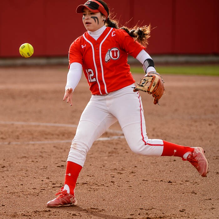(Trent Nelson | The Salt Lake Tribune)  Utah Utes host the BYU Cougars, NCAA softball in Salt Lake City, Wednesday April 18, 2018. Utah infielder Breonna Castaneda (12).