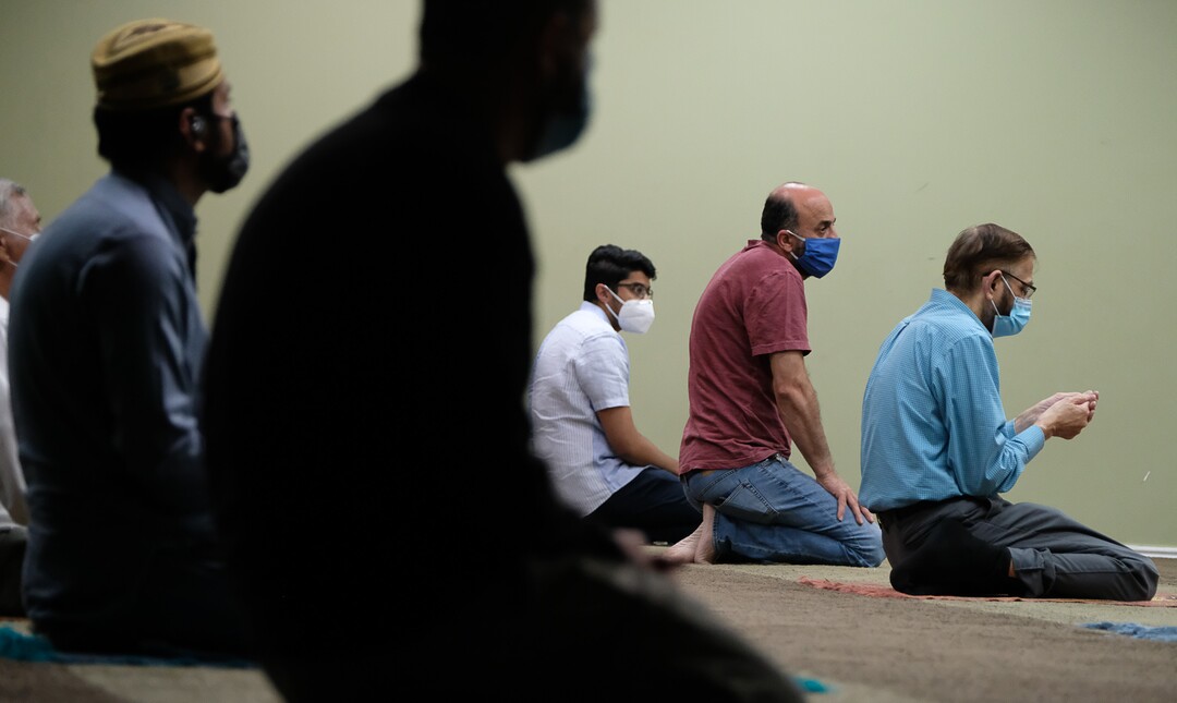 (Francisco Kjolseth  |  The Salt Lake Tribune) Imam Shuaib Din of the Utah Islamic Center in Sandy,holds 10-minute prayers with increased spacing for the first time on Friday, May 8, 2020, since closing down for the coronavirus pandemic.