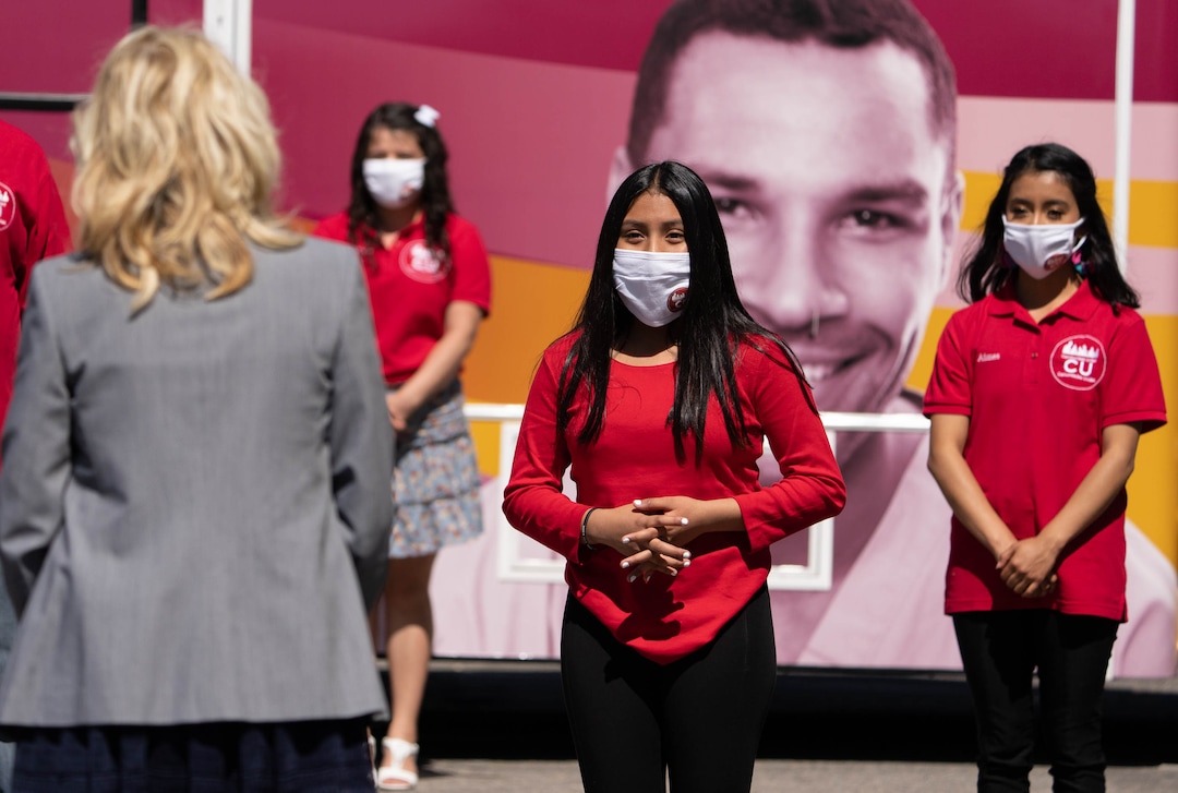 (Francisco Kjolseth | The Salt Lake Tribune) Lesley Soledad, 14, who’s migrant parents are from Mexico gets a chance to speak with first lady Jill Biden, and encourage her to work on immigration reform during a visit to a pop-up COVID-19 vaccine clinic in Jordan Park on Salt Lake City’s west side on Wednesday, May 5, 2021, as part of her quick visit to Utah as part of a three-state tour.