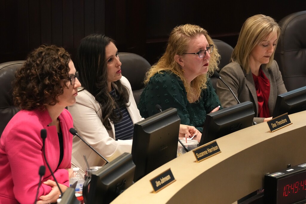 (Rick Egan | The Salt Lake Tribune) From left: Salt Lake County Council members Suzanne Harrison, Dea Theodore, Laurie Stringham and Aimee Winder Newton listen to public comments during a Salt Lake County Council meeting on Tuesday, Nov. 4, 2025 in Salt Lake City. A group of about a dozen Salt Lake County residents filed a petition Monday seeking a referendum to overturn the county's planned property tax increase for 2026.