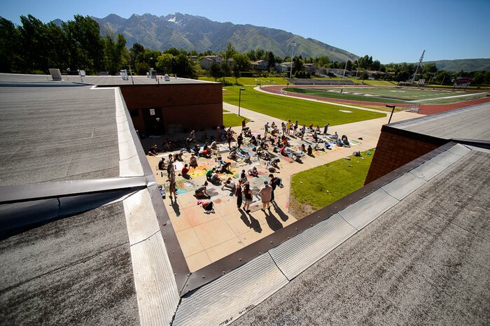 (Trent Nelson | The Salt Lake Tribune)  Alta High School's annual "Chalk the Walk" event, a school tradition since 1985 in which students recreate famous art works in sidewalk chalk, Friday May 25, 2018.