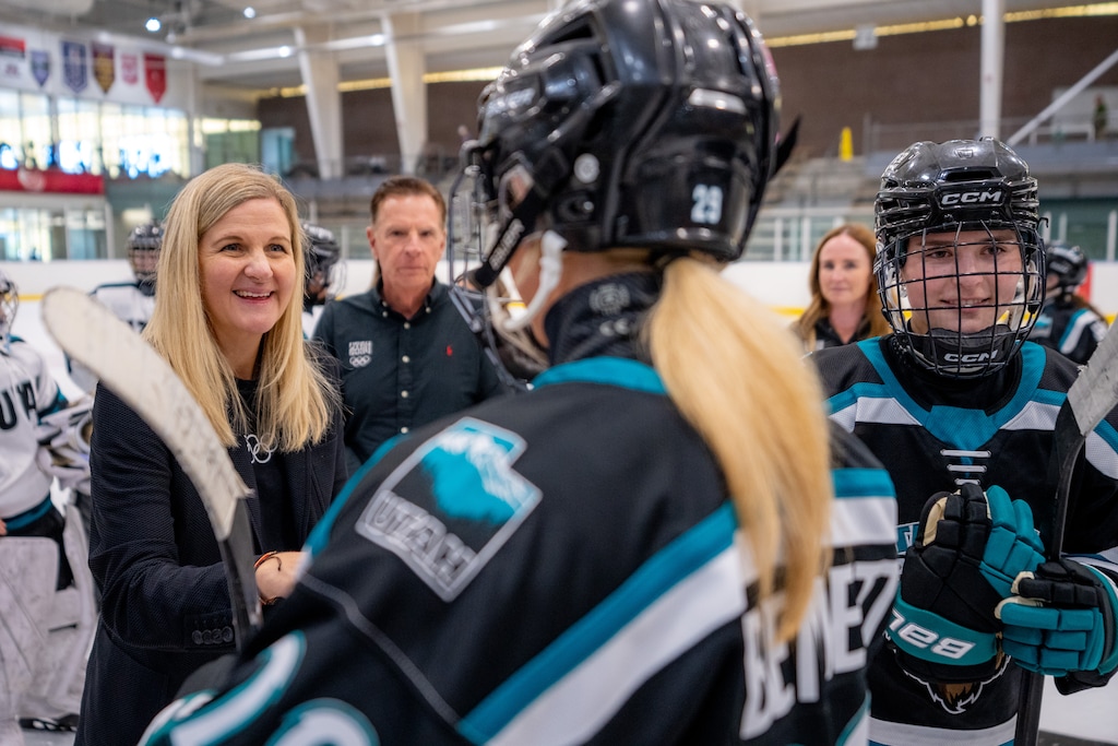 (Trent Nelson  |  The Salt Lake Tribune) International Olympic Committee President Kirsty Coventry visits with girls from the Utah Lady Grizzlies in Salt Lake City on Wednesday, Sept. 23, 2026.