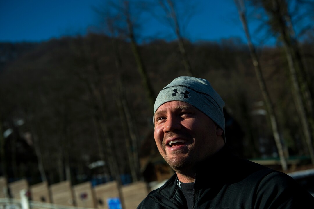 RZHANAYA POLYANA, RUSSIA  - JANUARY 6:Bobsled athlete Steven Holcomb talks to members of the media after a practice run at the Sanki Sliding Center before the start of the 2014 Sochi Olympics Thursday February 6, 2014.(Photo by Chris Detrick/The Salt Lake Tribune)