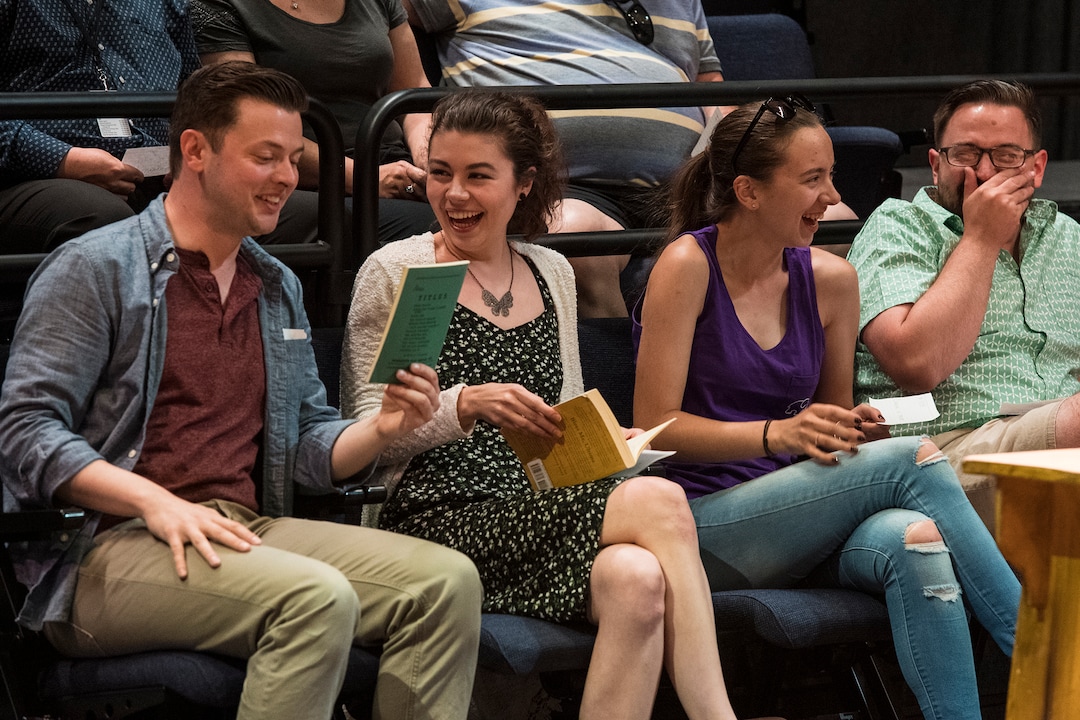 (Photo courtesy Karl Hugh/Utah Shakespeare Festival) Michael Doherty, left, interacts with audience members in the Utah Shakespeare Festival production of “Every Brilliant Thing.”