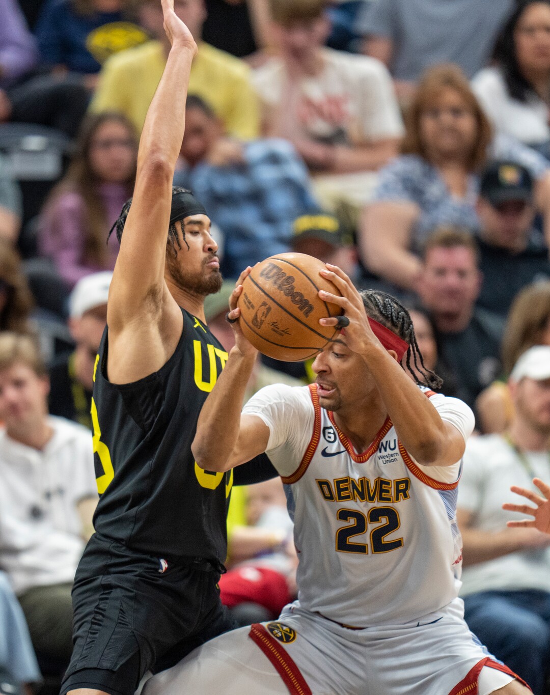 (Rick Egan | The Salt Lake Tribune) in Denver Nuggets forward Zeke Nnaji (22) moves toward the basket, as Utah Jazz forward Jarrell Brantley (95) defends, in NBA action between the Utah Jazz and the Denver Nuggets at Vivint Arena,  Saturday, April 8, 2023.