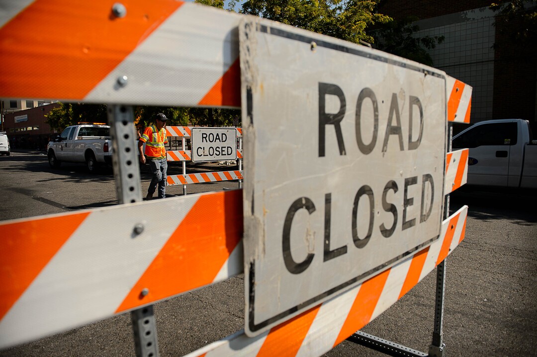 (Trent Nelson | The Salt Lake Tribune)  Workers install barriers on Rio Grande in Salt Lake City to prevent auto traffic in hopes of stopping the drug traffic around the area, Friday September 1, 2017.