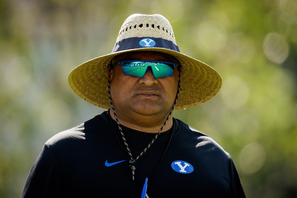 (Jaren Wilkey | BYU Photo) Head coach Kalani Sitake observes BYU football practice in Provo, Wednesday, July 30, 2025.