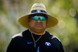 (Jaren Wilkey | BYU Photo) Head coach Kalani Sitake observes BYU football practice in Provo, Wednesday, July 30, 2025.