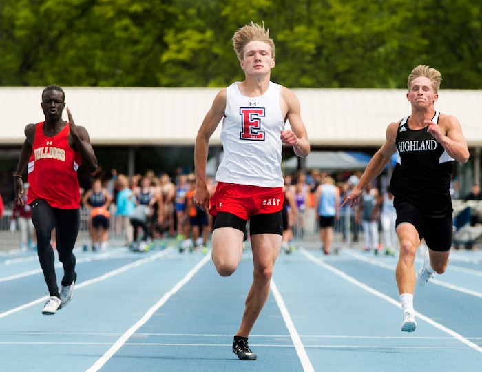 Rick Egan  |  The Salt Lake TribuneWilliam Prettyman, East, finished first in his heat, in the Boys 4A 100 Meter run, followed by Deng Deng, Judge and Jake Boren, Highland, in the High School Track and Field State Championships, at Clarence Robison Track in Provo. Christensen cleared 12 ft in the meet. Friday, May 19, 2017.