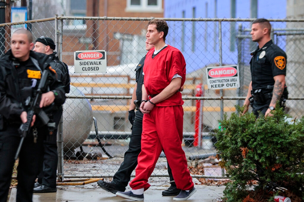(Steven M. Falk | The Philadelphia Inquirer via AP) Bryan Kohberger, facing first-degree murder charges in the deaths of four University of Idaho students last fall, is taken by sheriff's deputies from the Monroe County Courthouse in Stroudsburg, Pa., Tuesday, Jan. 3, 2023.
