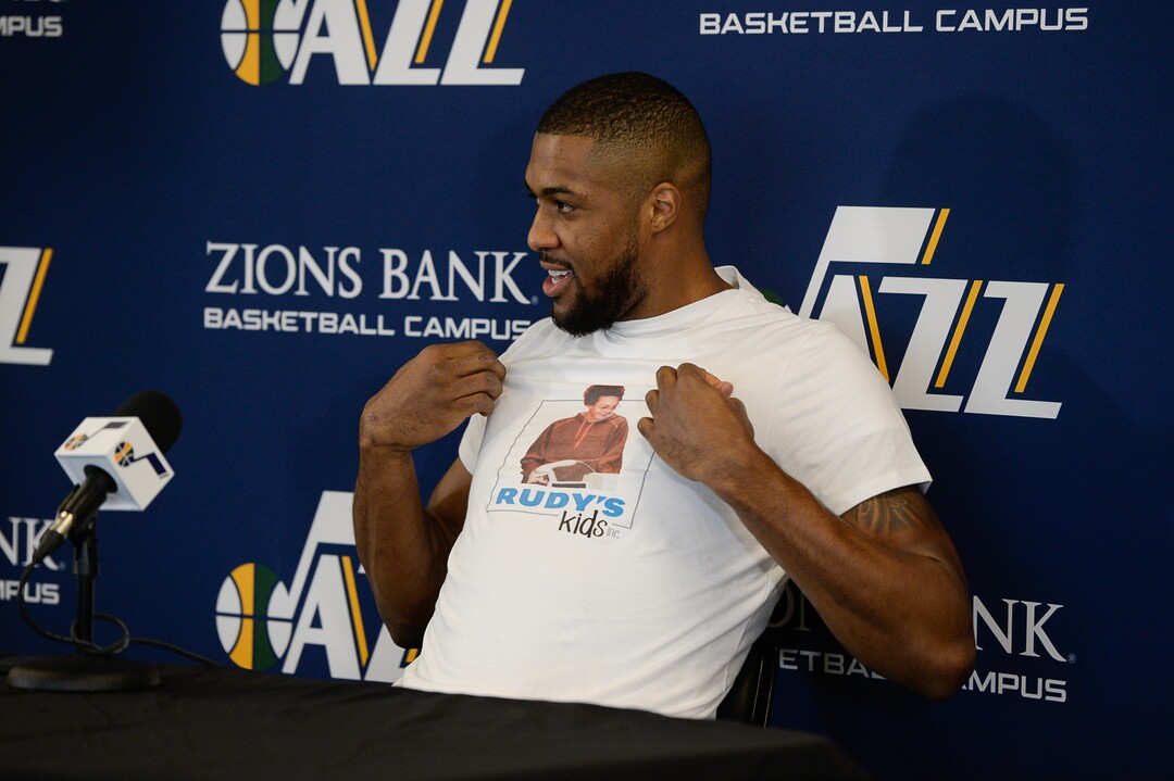 (Francisco Kjolseth  |  The Salt Lake Tribune)  Utah Jazz forward-center Derrick Favors is complimented on his T-shirt by the media during exit interviews at the team's practice facility in Salt Lake City Wednesday, May 8, 2018, after losing to the Houston Rockets in Game 5 of their Western Conference Semifinals during the 2018 NBA Playoffs.