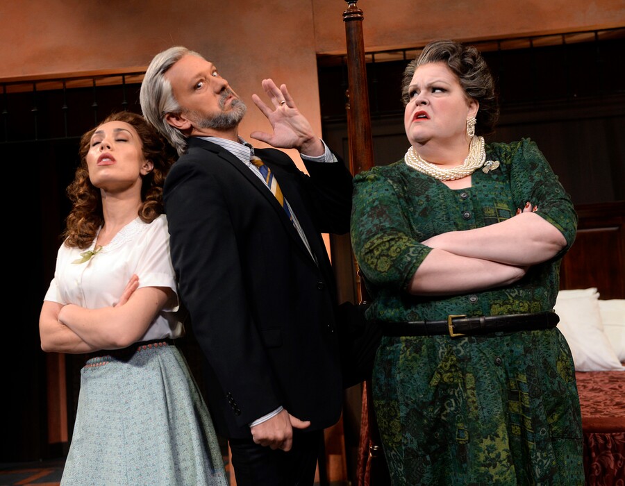 (Al Hartmann | The Salt Lake Tribune)
Marina Costa Jackson plays "Lauretta", left, Wayne Tigges as "Gianni Schicchi " and Melissa Parks as "Zita" in Utah Opera's upcoming double-bill production of Pagliacci / Gianni Schicchi at Capitol Theatre March 10 to 18.