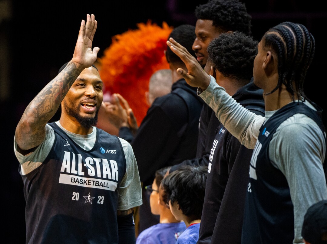 (Rick Egan | The Salt Lake Tribune) Damian Lillard ins introduced during the All-Star Practice at the Jon M. Huntsman Center, on Saturday, Feb. 18, 2023.