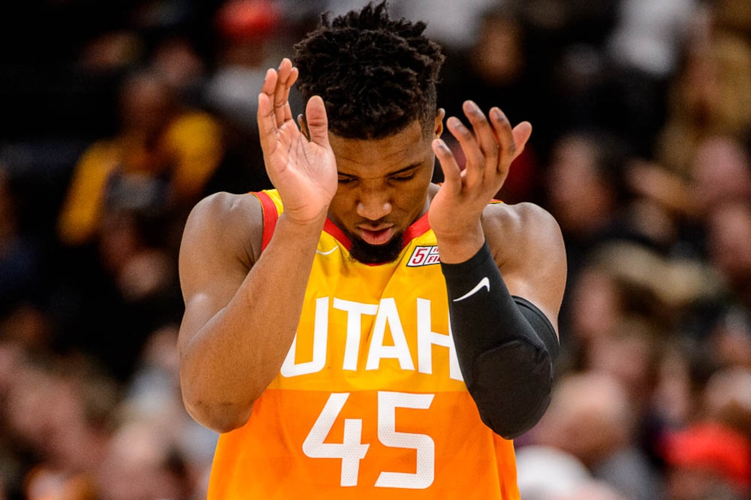 (Trent Nelson | The Salt Lake Tribune)  Utah Jazz guard Donovan Mitchell (45). Utah Jazz vs. Boston Celtics, NBA basketball in Salt Lake City on Friday Nov. 9, 2018.